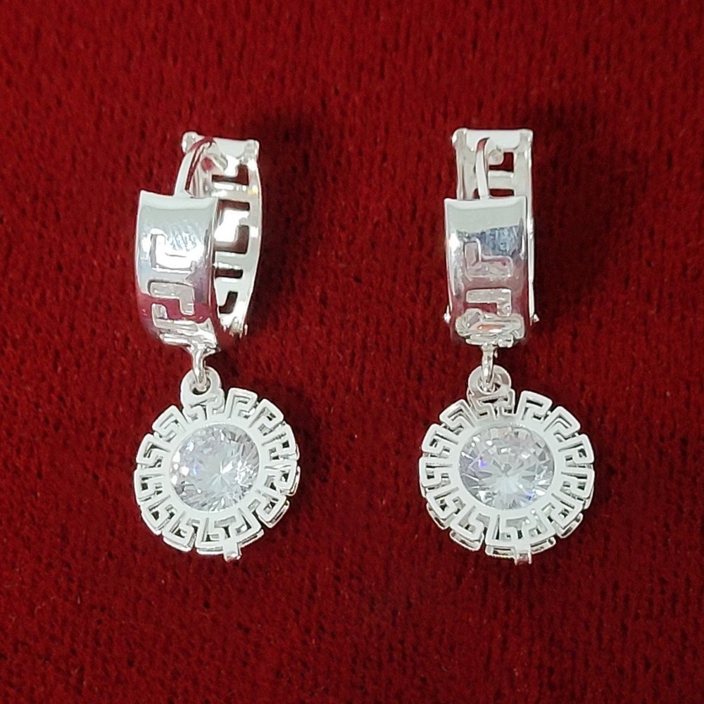 Greek Key Silver Hoops 925 Cubic Zirconia Hanging Earrings Jewelry Mexican‎ New